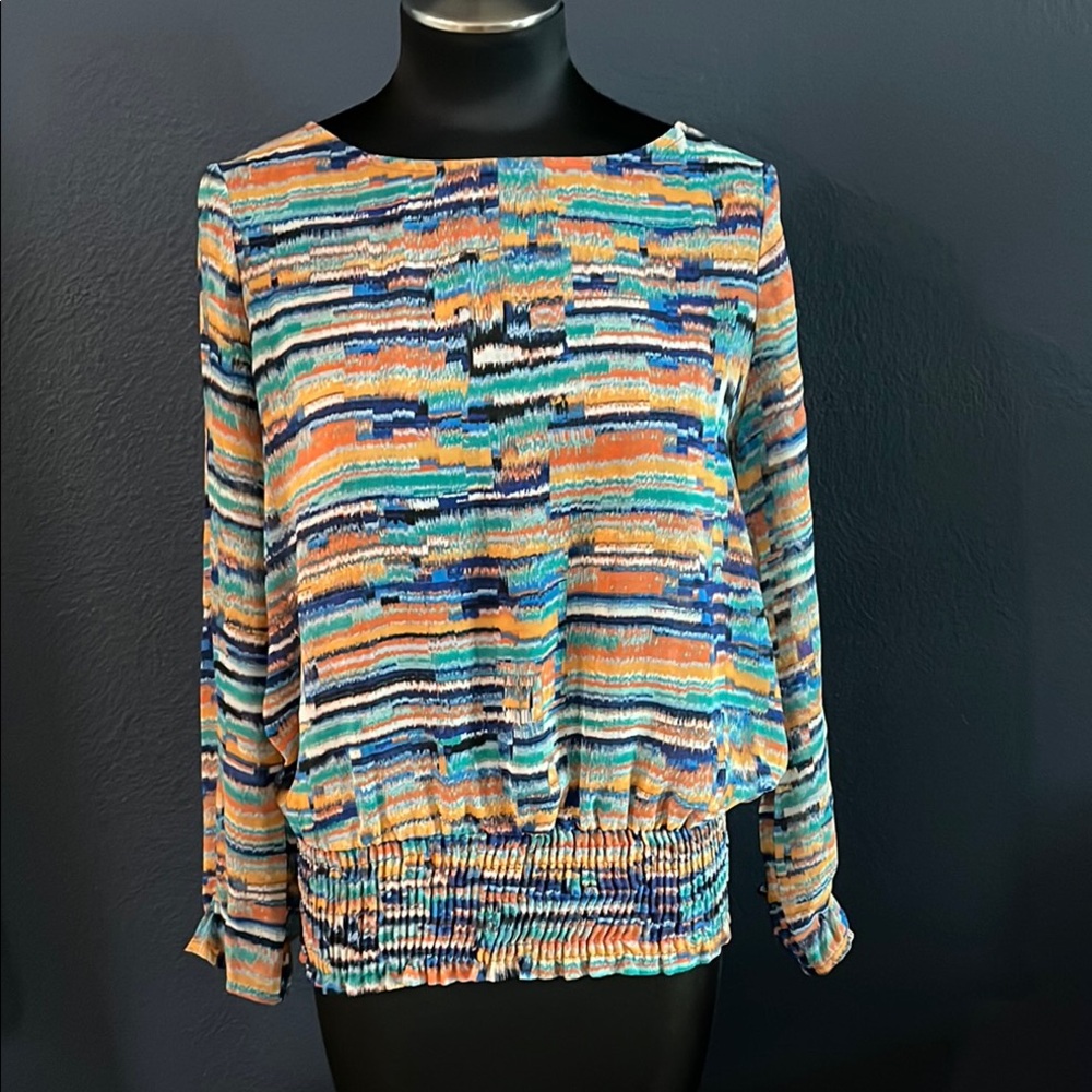 JohnPaulRichard multi-colored long sleeve blouse with elastic hem sz S small